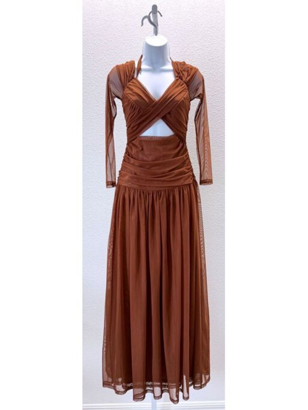 Luxxel Brown Mesh Cutout Midi Dress Long Sleeve Ruched Women Size Small